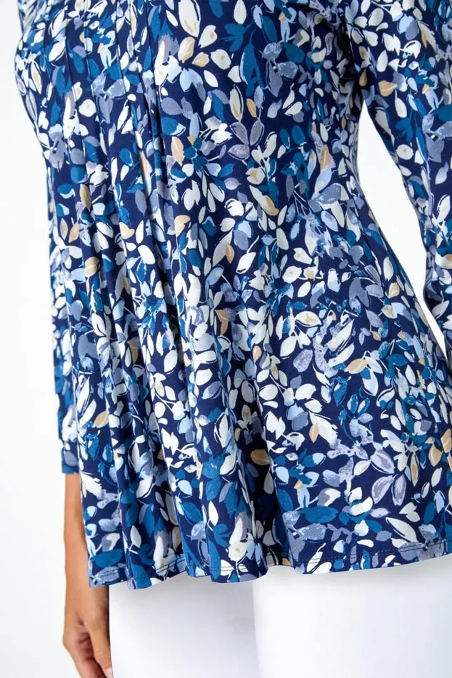 Leaf Print VNeck Pintuck Tunic Swing Top Women Roman Tops