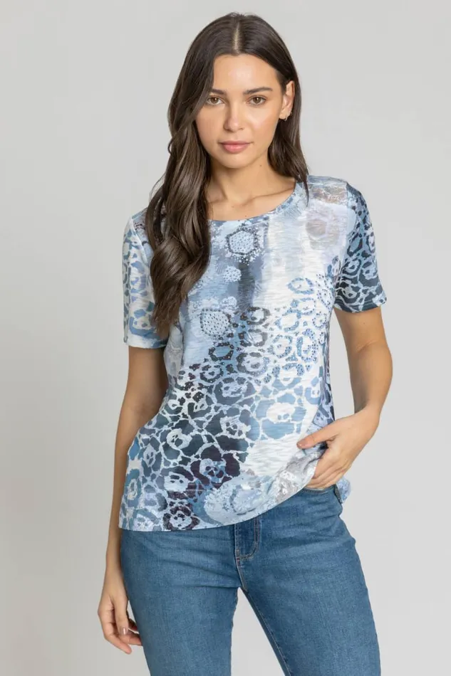 Light Blue Abstract Animal Print Hotfix TShirt Women Roman Tops