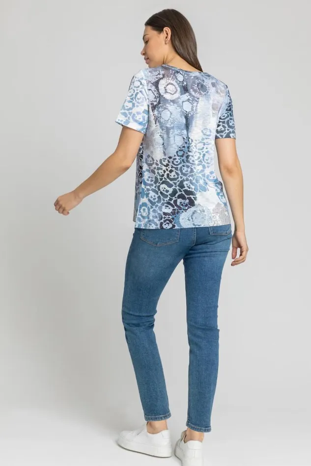 Light Blue Abstract Animal Print Hotfix TShirt Women Roman Tops