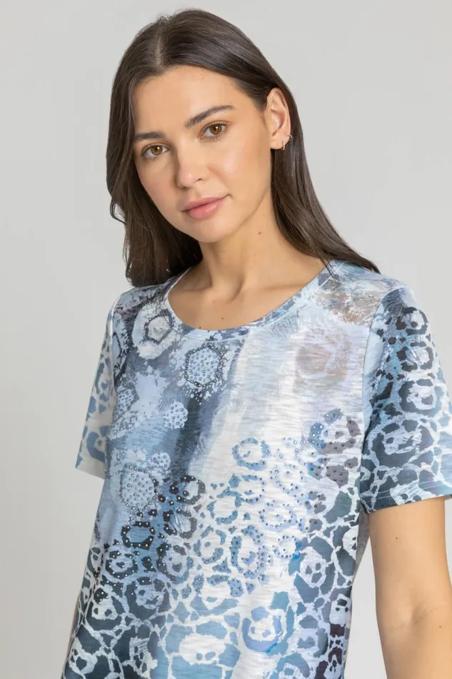 Light Blue Abstract Animal Print Hotfix TShirt Women Roman Tops