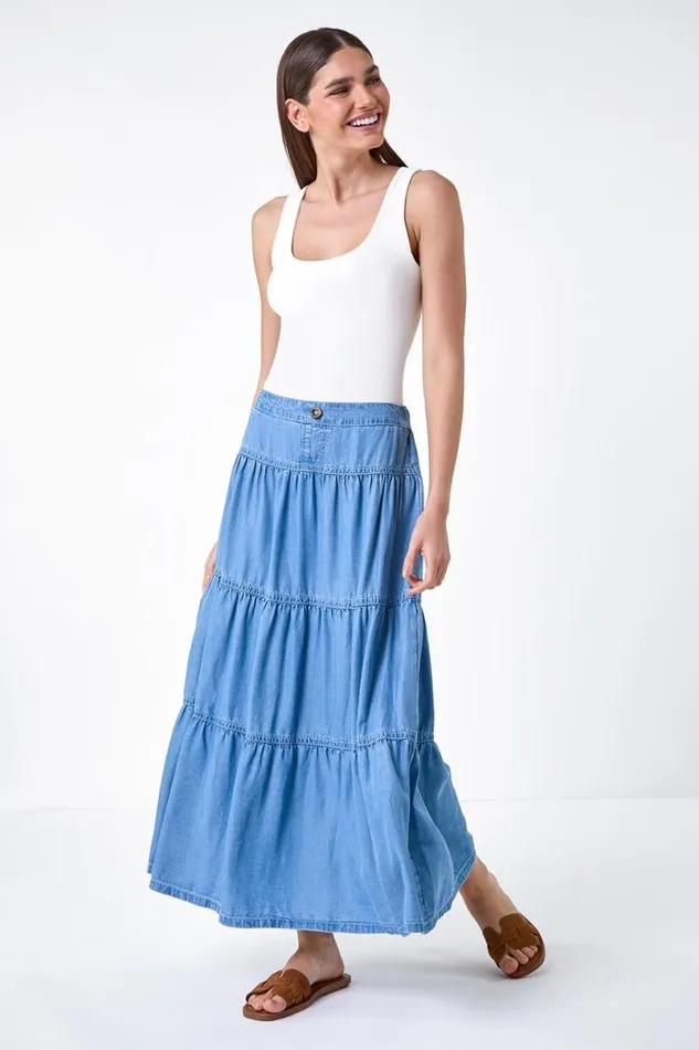 Light Blue Denim Wash Tiered Maxi Skirt Women Roman Skirts