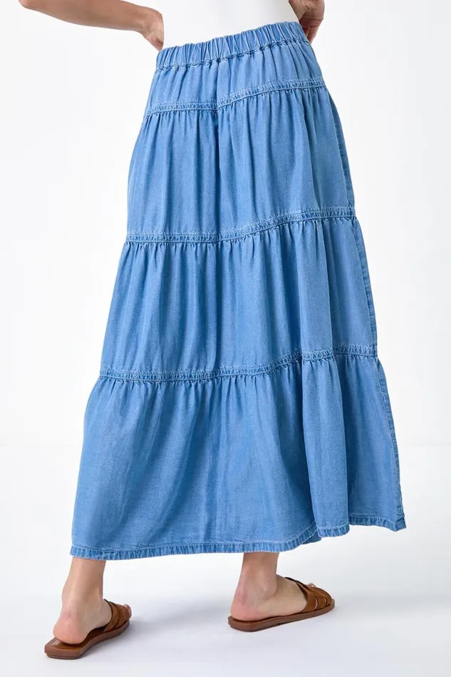 Light Blue Denim Wash Tiered Maxi Skirt Women Roman Skirts