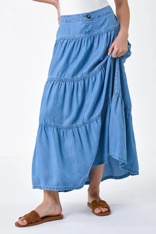 Light Blue Denim Wash Tiered Maxi Skirt Women Roman Skirts