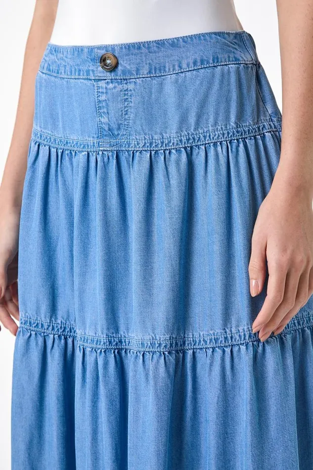Light Blue Denim Wash Tiered Maxi Skirt Women Roman Skirts