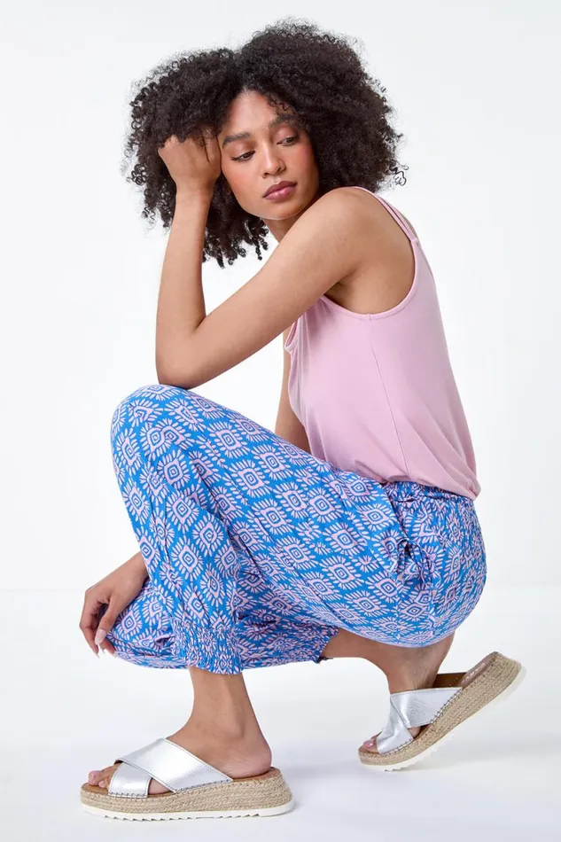 Light Blue Geometric Print Shirred Hareem Jogger Women Roman Trousers