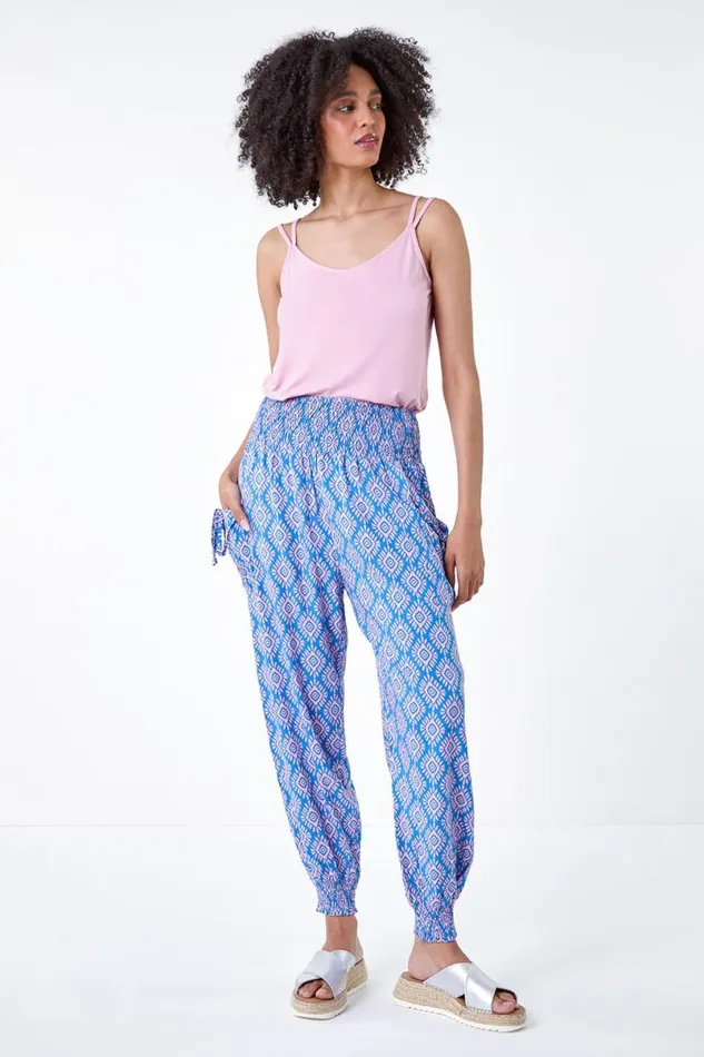 Light Blue Geometric Print Shirred Hareem Jogger Women Roman Trousers