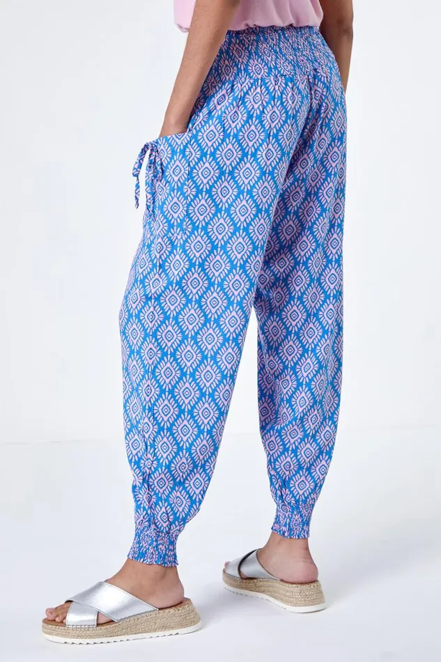 Light Blue Geometric Print Shirred Hareem Jogger Women Roman Trousers