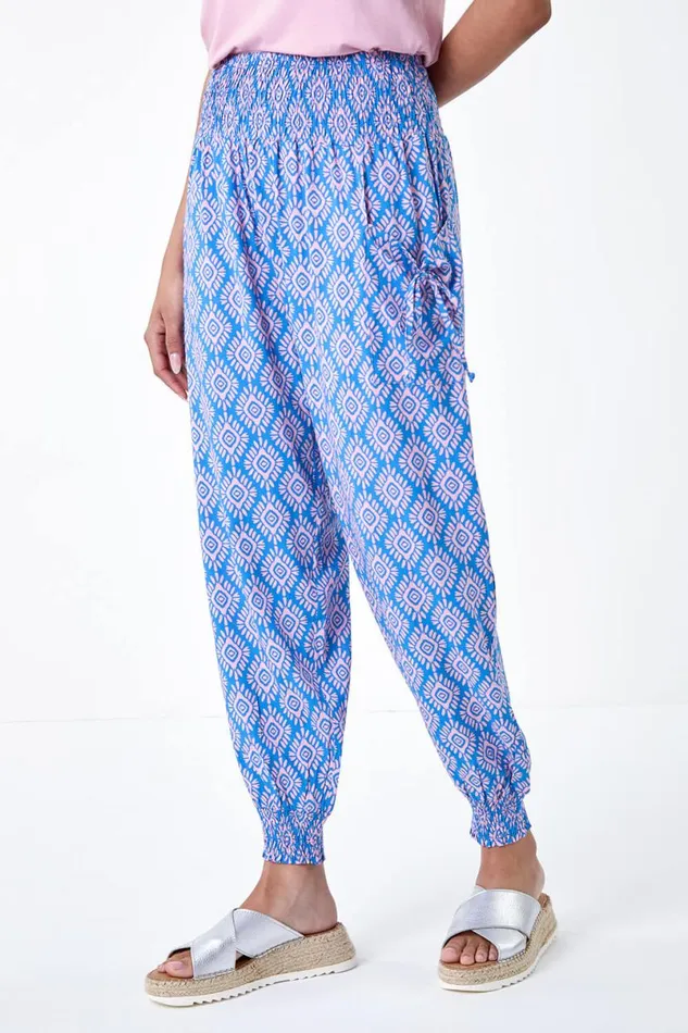 Light Blue Geometric Print Shirred Hareem Jogger Women Roman Trousers