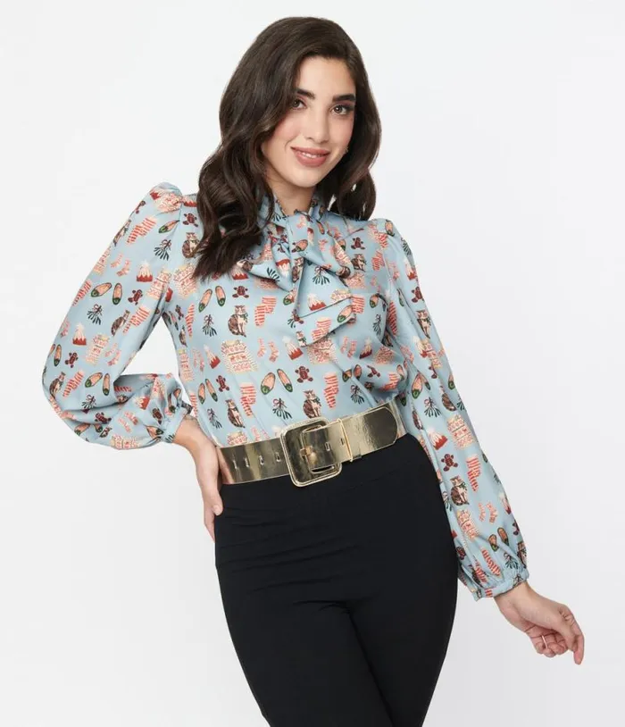 Light Blue Holiday Party Print Satin Bow Blouse Clothing Unique Vintage Blouses
