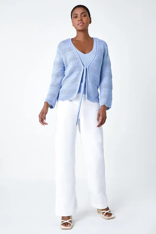 Light Blue Scallop Edge Knit Cotton Blend VNeck Cardigan Women Roman Knitwear