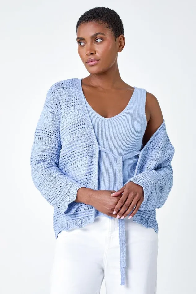 Light Blue Scallop Edge Knit Cotton Blend VNeck Cardigan Women Roman Knitwear