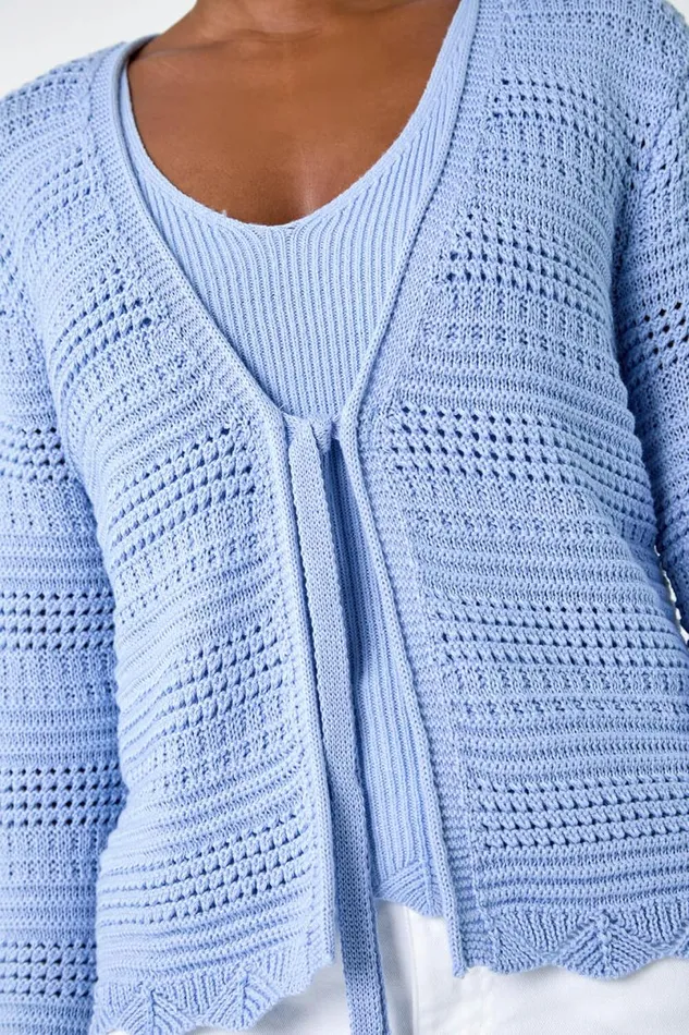 Light Blue Scallop Edge Knit Cotton Blend VNeck Cardigan Women Roman Knitwear