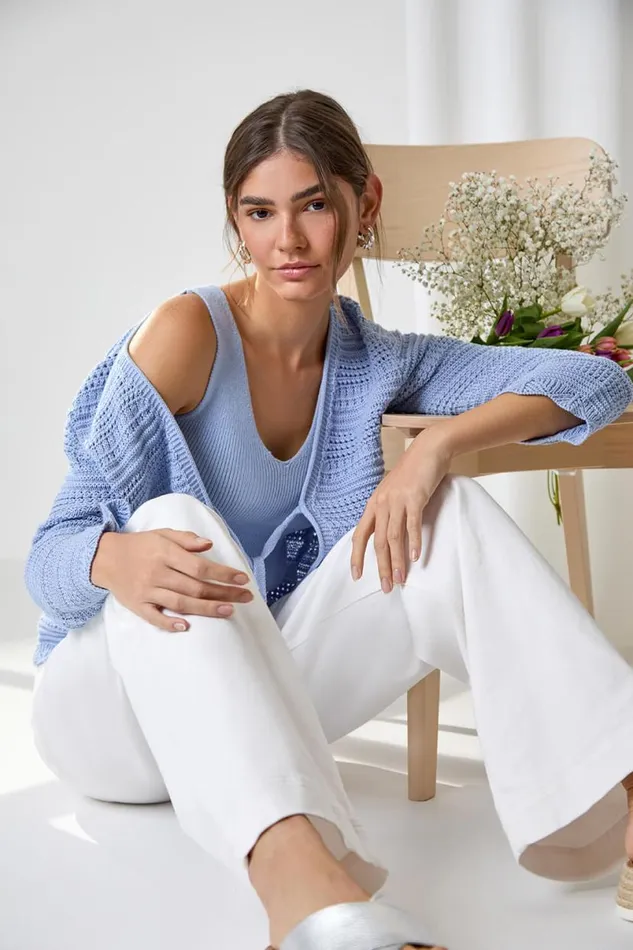 Light Blue Scallop Edge Knit Cotton Blend VNeck Cardigan Women Roman Knitwear
