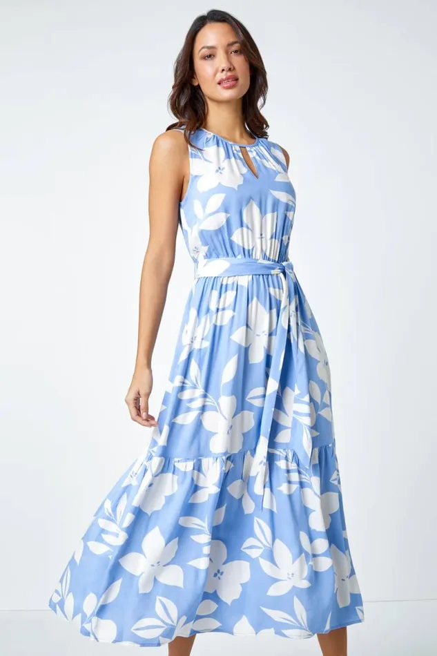 Light Blue Sleeveless Floral Print Maxi Dress Women Roman Dresses