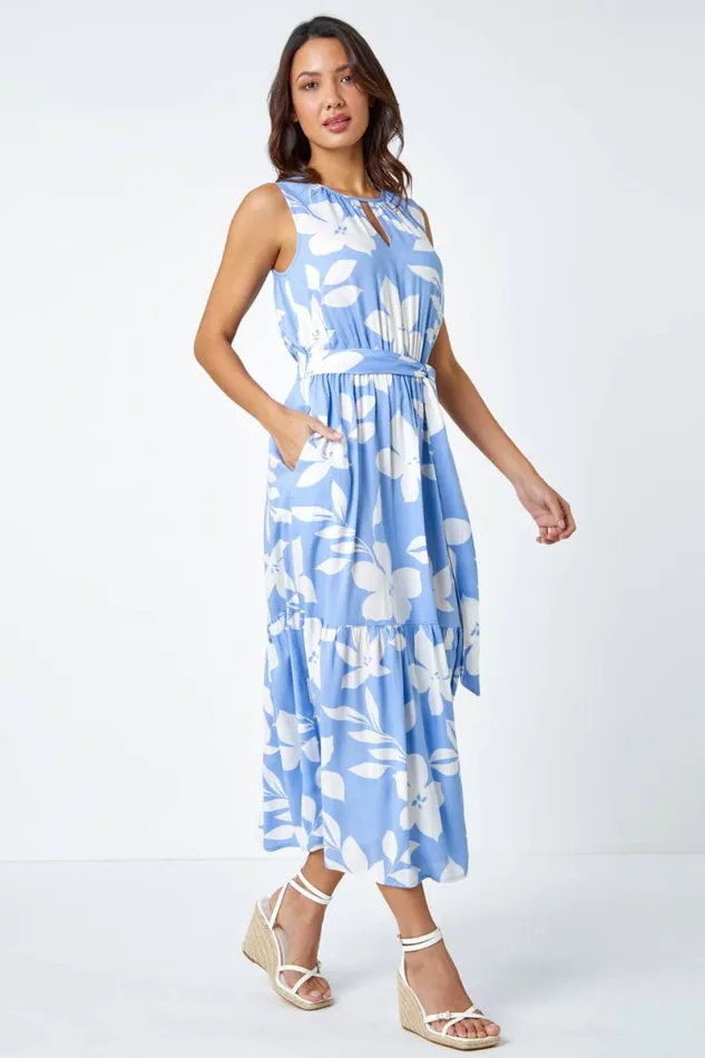 Light Blue Sleeveless Floral Print Maxi Dress Women Roman Dresses