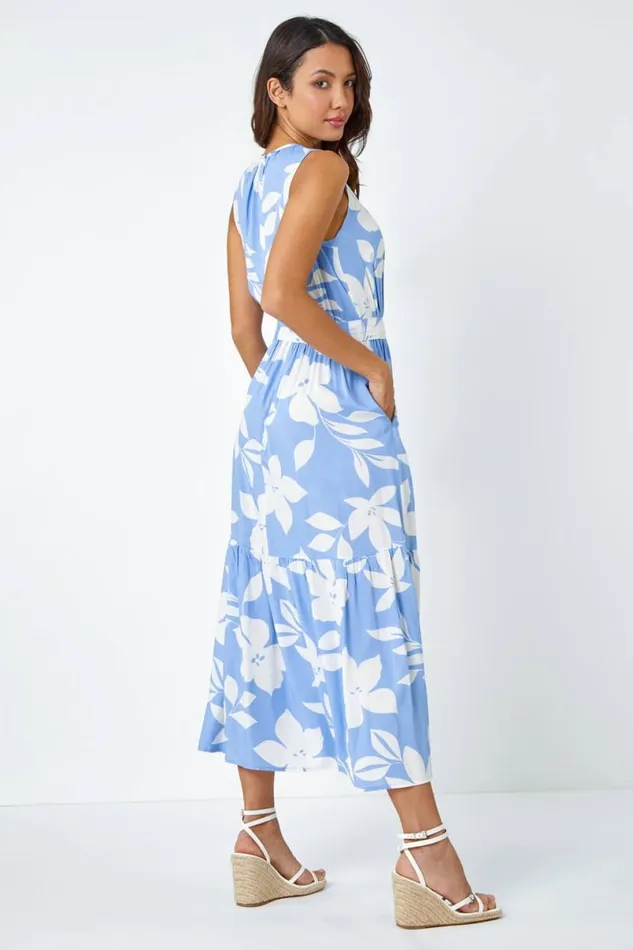 Light Blue Sleeveless Floral Print Maxi Dress Women Roman Dresses