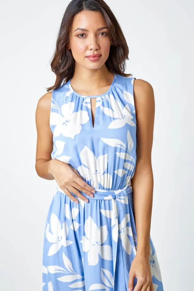 Light Blue Sleeveless Floral Print Maxi Dress Women Roman Dresses