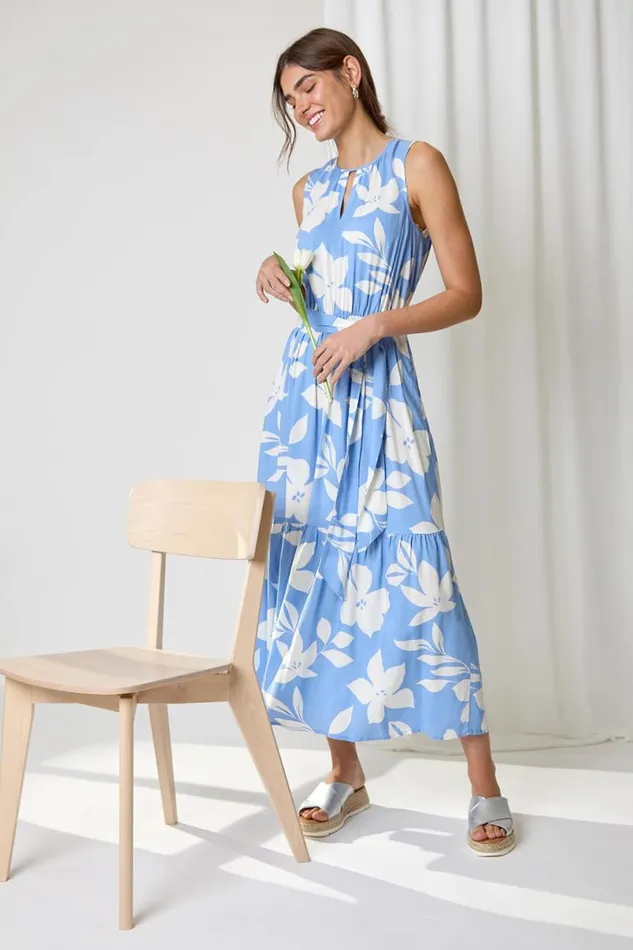 Light Blue Sleeveless Floral Print Maxi Dress Women Roman Dresses