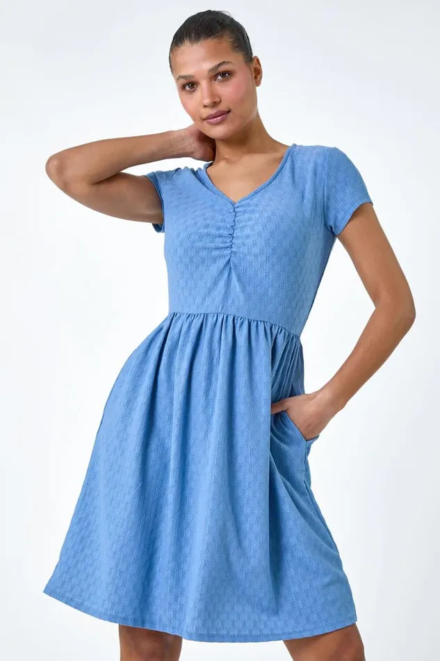 Light Blue Textured Ruched Stretch Jersey Dress Women Roman Dresses