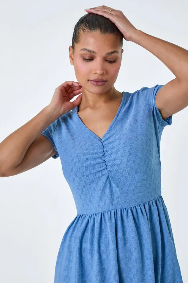 Light Blue Textured Ruched Stretch Jersey Dress Women Roman Dresses