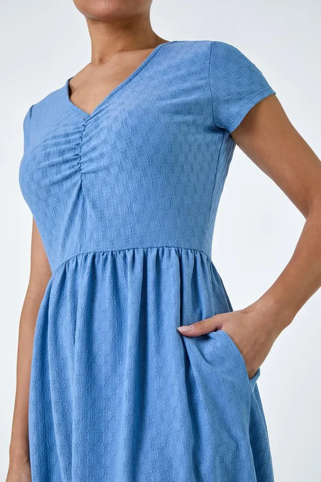 Light Blue Textured Ruched Stretch Jersey Dress Women Roman Dresses