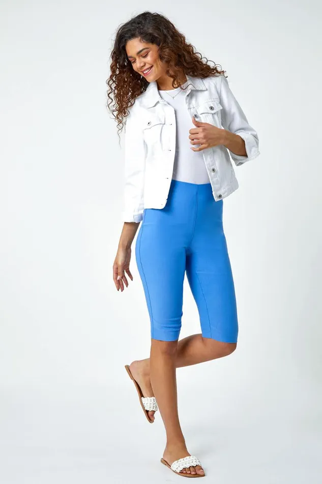 Light Denim Elastic Waist Knee Length Stretch Shorts Women Roman Trousers