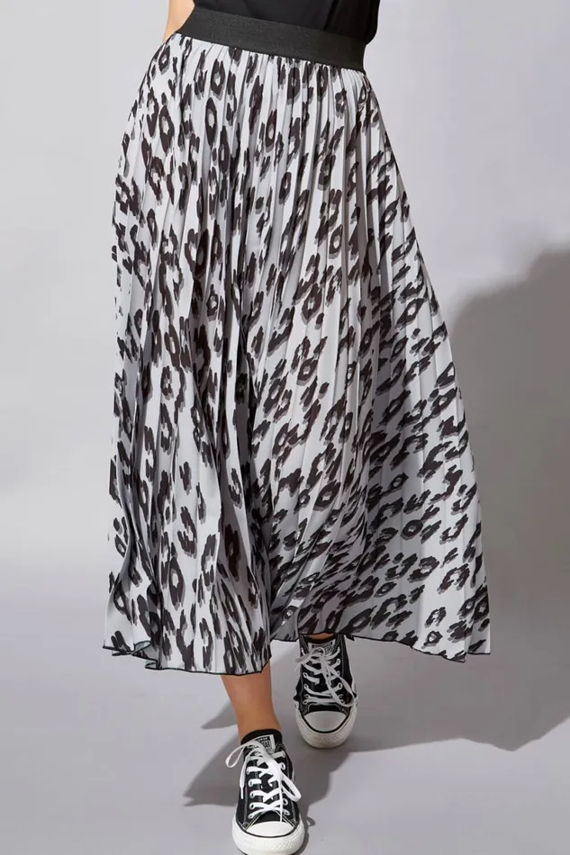 Light Grey Animal Pleated Elastic Waist Maxi Skirt Women Roman Skirts