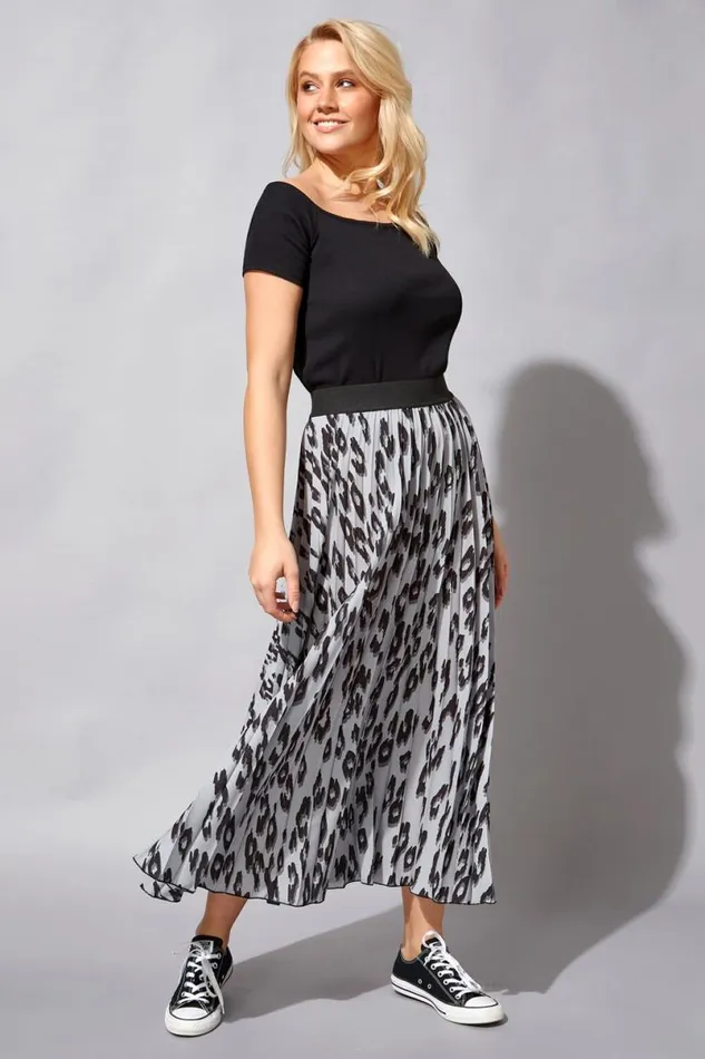 Light Grey Animal Pleated Elastic Waist Maxi Skirt Women Roman Skirts