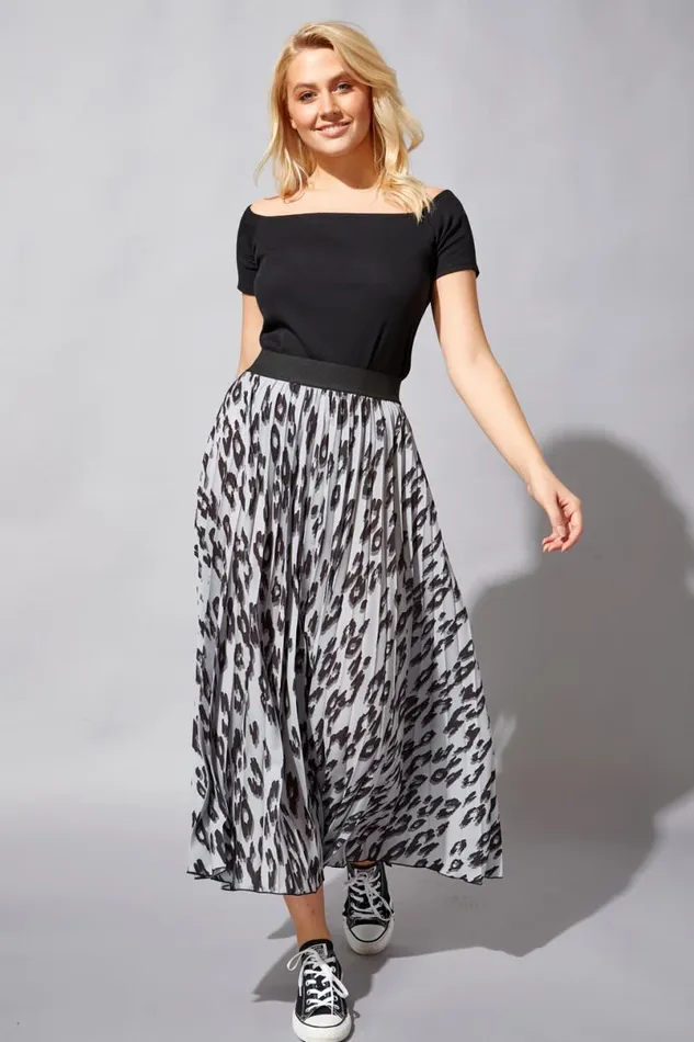 Light Grey Animal Pleated Elastic Waist Maxi Skirt Women Roman Skirts