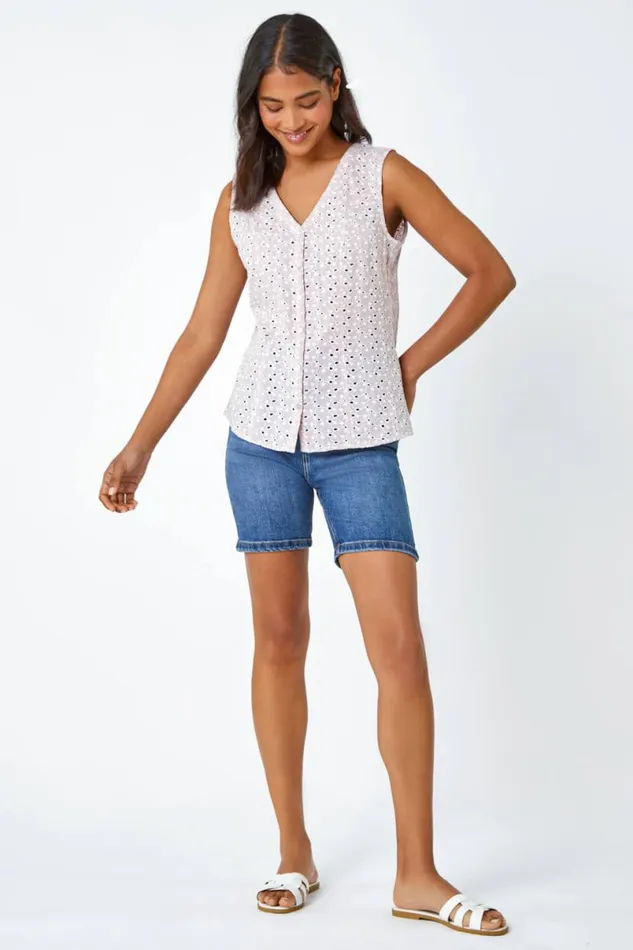 Light Pink Sleeveless Embroidered Cotton Blouse Women Roman Tops