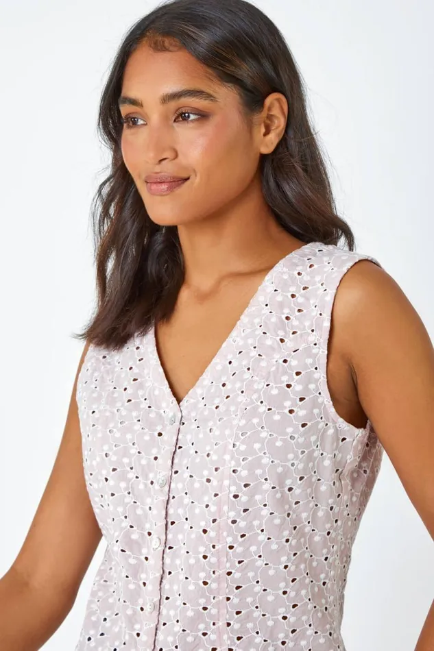 Light Pink Sleeveless Embroidered Cotton Blouse Women Roman Tops