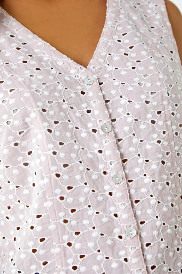 Light Pink Sleeveless Embroidered Cotton Blouse Women Roman Tops