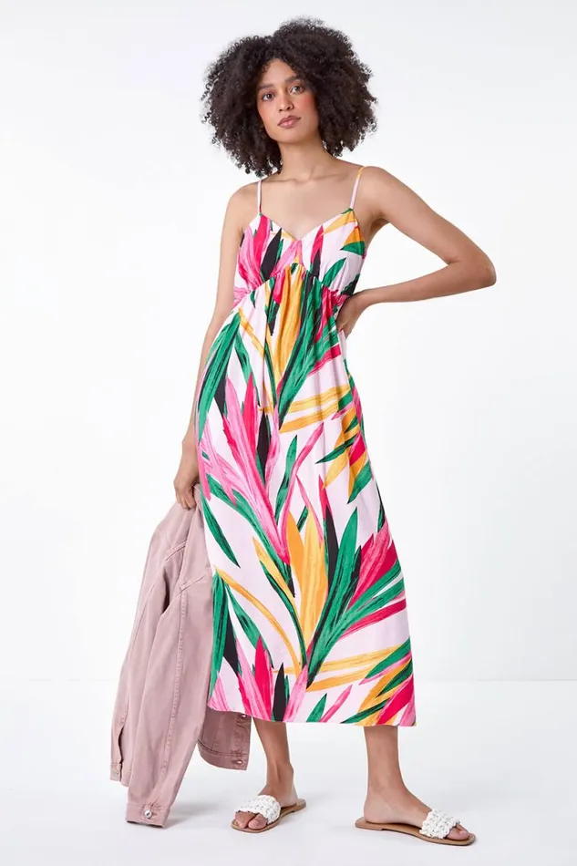 Light Pink Tropical Leaf Tie Detail Midi Dress Women Roman Dresses