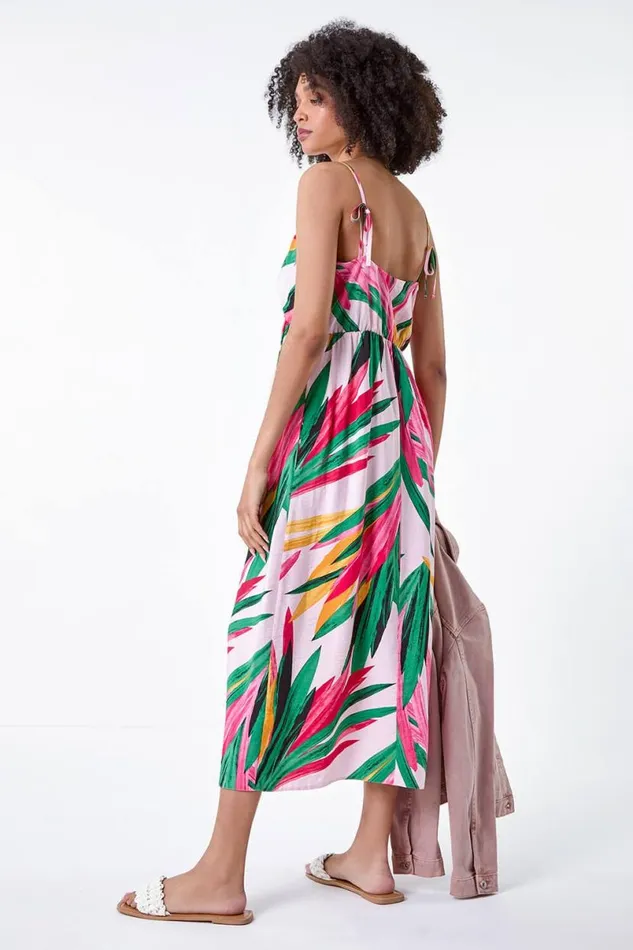 Light Pink Tropical Leaf Tie Detail Midi Dress Women Roman Dresses