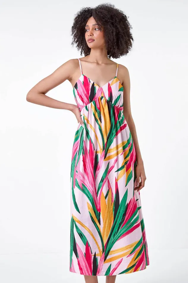 Light Pink Tropical Leaf Tie Detail Midi Dress Women Roman Dresses