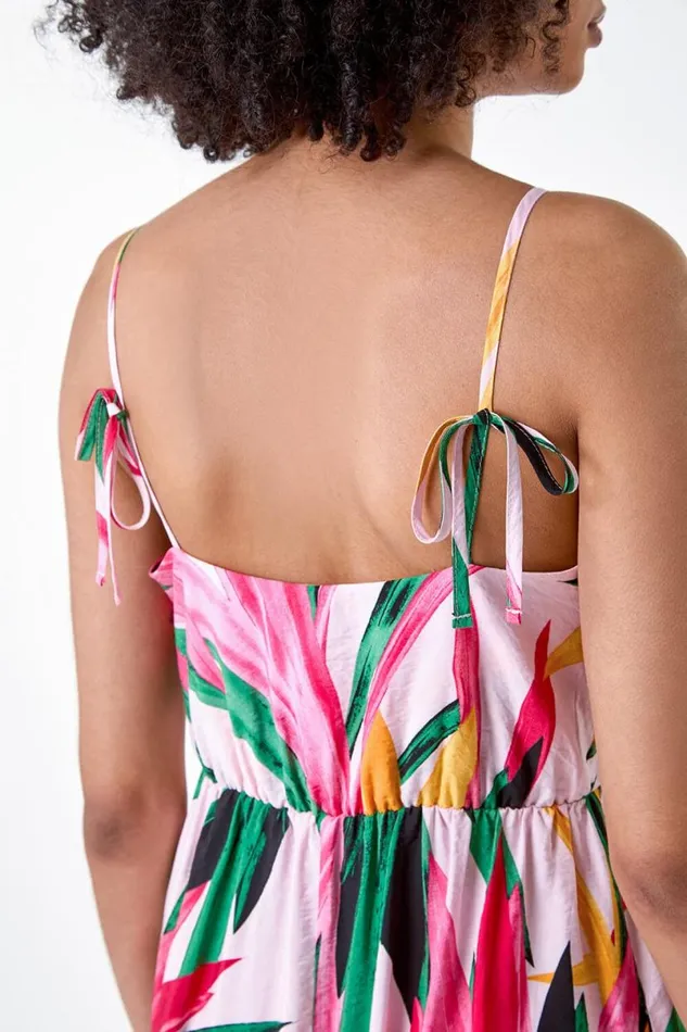 Light Pink Tropical Leaf Tie Detail Midi Dress Women Roman Dresses