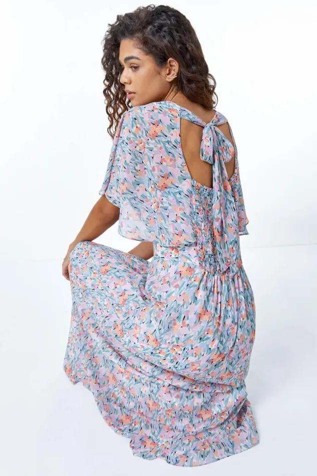 Lilac Floral Print Angel Sleeve Chiffon Maxi Dress Women Roman Dresses