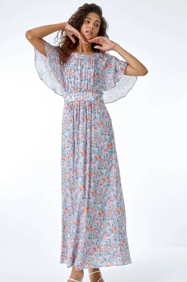 Lilac Floral Print Angel Sleeve Chiffon Maxi Dress Women Roman Dresses