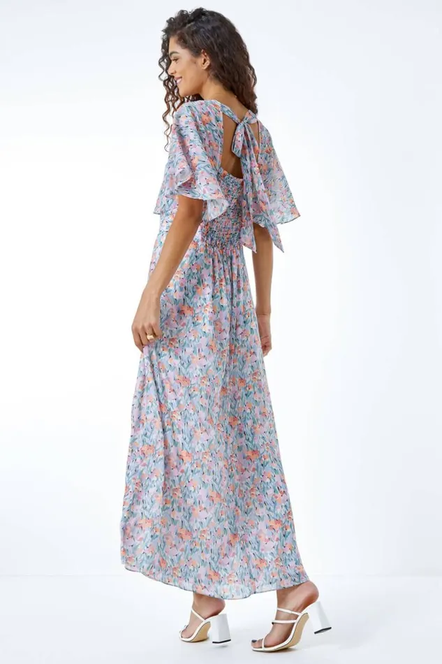 Lilac Floral Print Angel Sleeve Chiffon Maxi Dress Women Roman Dresses