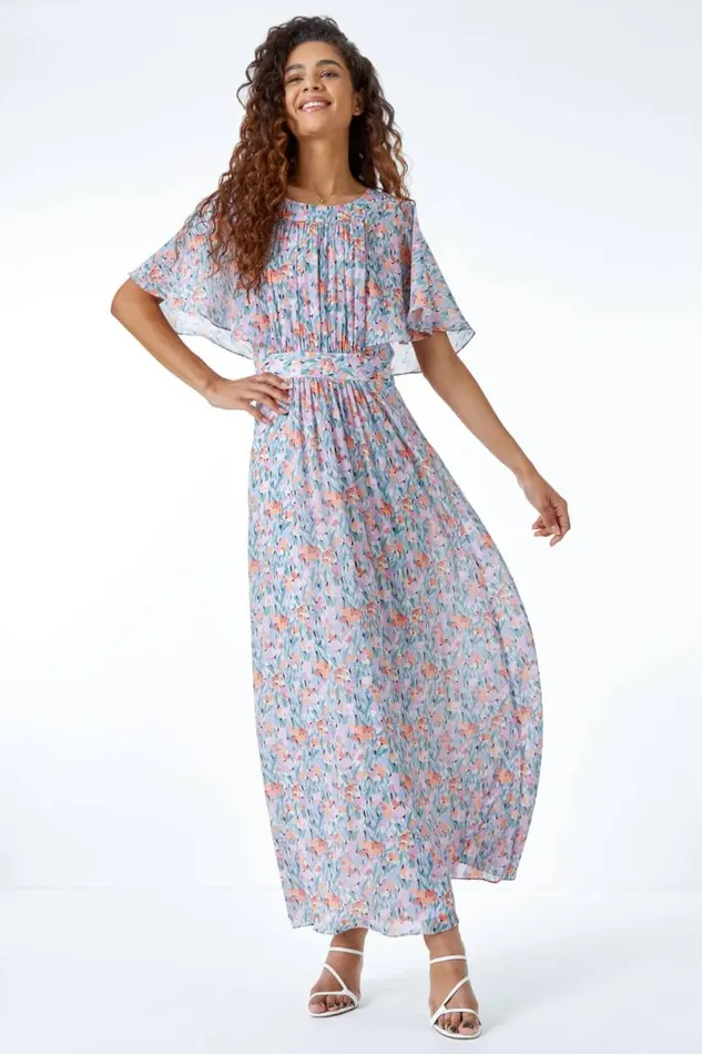 Lilac Floral Print Angel Sleeve Chiffon Maxi Dress Women Roman Dresses