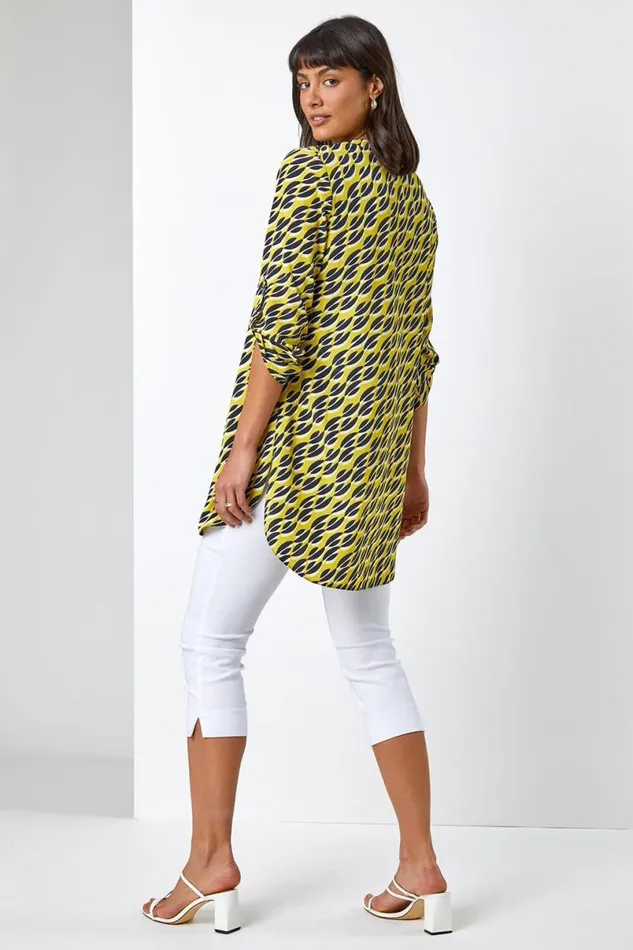 Lime Abstract 34 Sleeve VNeck Longline Top Women Roman Tops