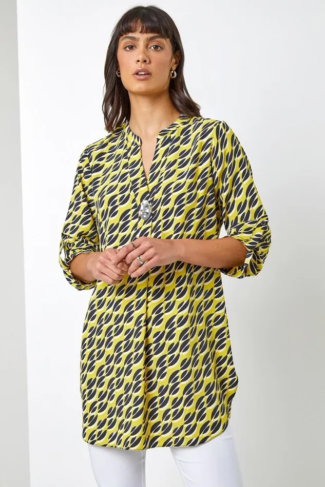 Lime Abstract 34 Sleeve VNeck Longline Top Women Roman Tops