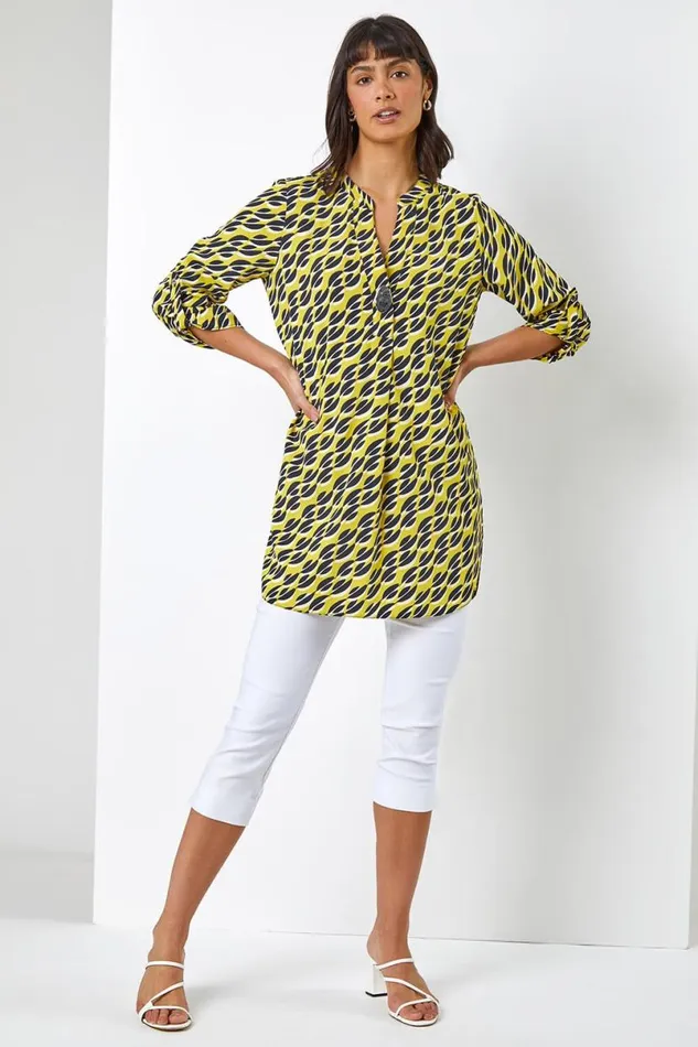 Lime Abstract 34 Sleeve VNeck Longline Top Women Roman Tops