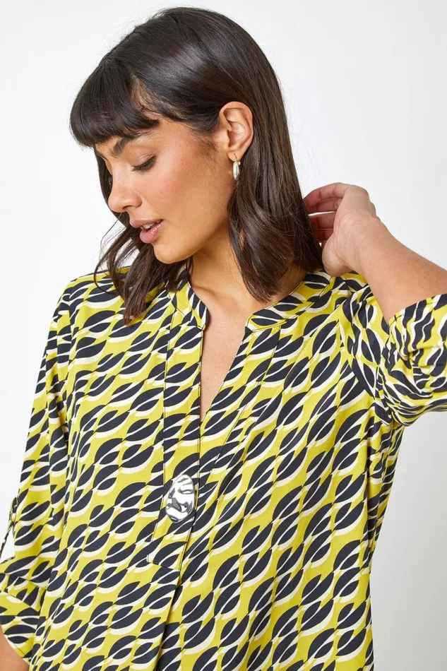 Lime Abstract 34 Sleeve VNeck Longline Top Women Roman Tops