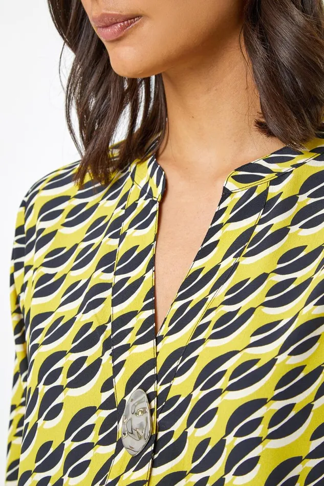 Lime Abstract 34 Sleeve VNeck Longline Top Women Roman Tops