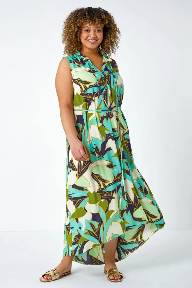 Lime Curve Leaf Print Tie Neck Midi Dress Women Roman Dresses