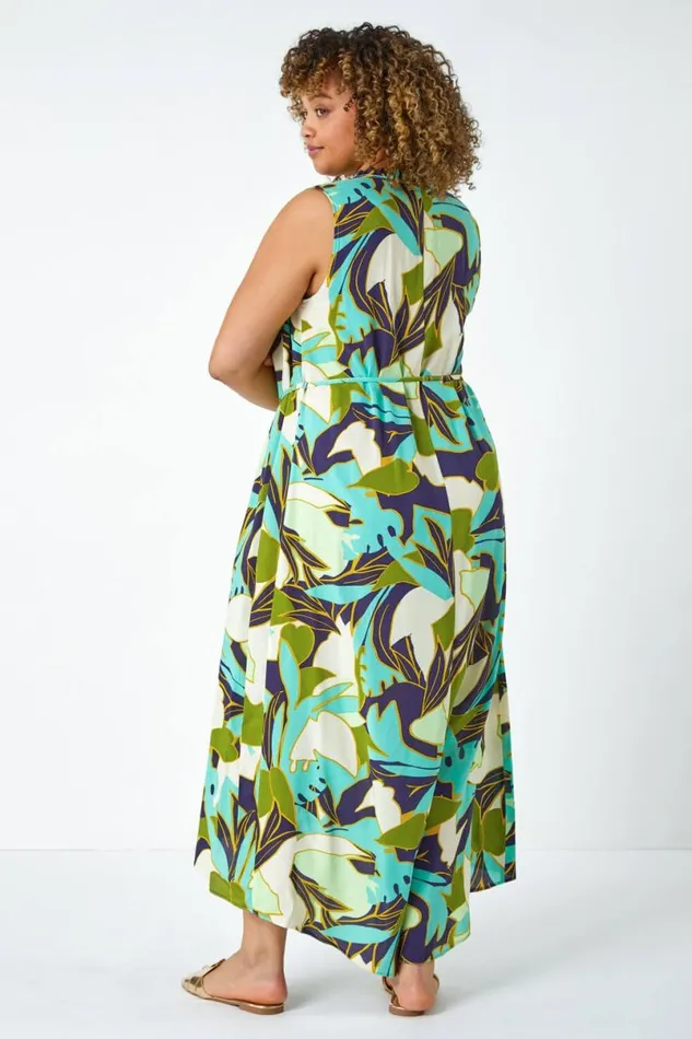 Lime Curve Leaf Print Tie Neck Midi Dress Women Roman Dresses