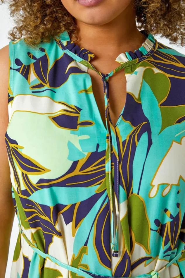 Lime Curve Leaf Print Tie Neck Midi Dress Women Roman Dresses