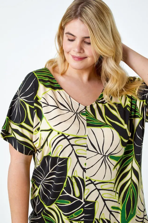 Lime Curve Leaf Print VNeck Blouson Stretch Top Women Roman Tops