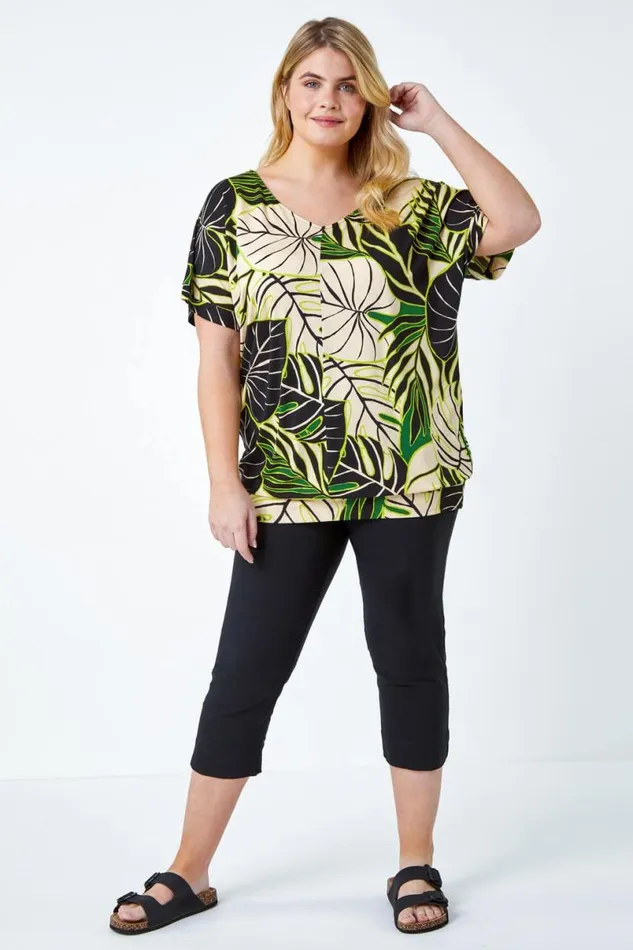 Lime Curve Leaf Print VNeck Blouson Stretch Top Women Roman Tops